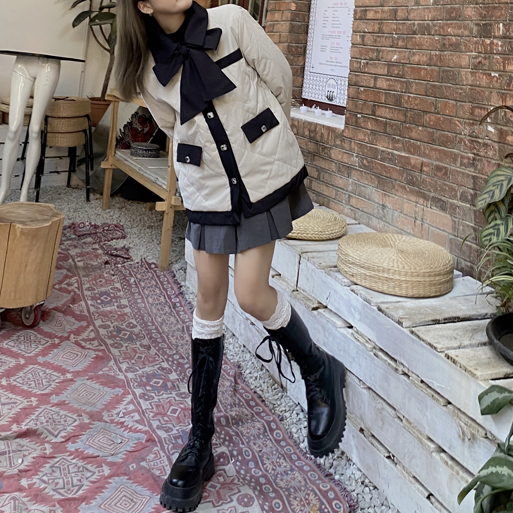 实拍实价 校服绝配韩系酷甜少女大闪钻大蝴蝶结面包棉服外套