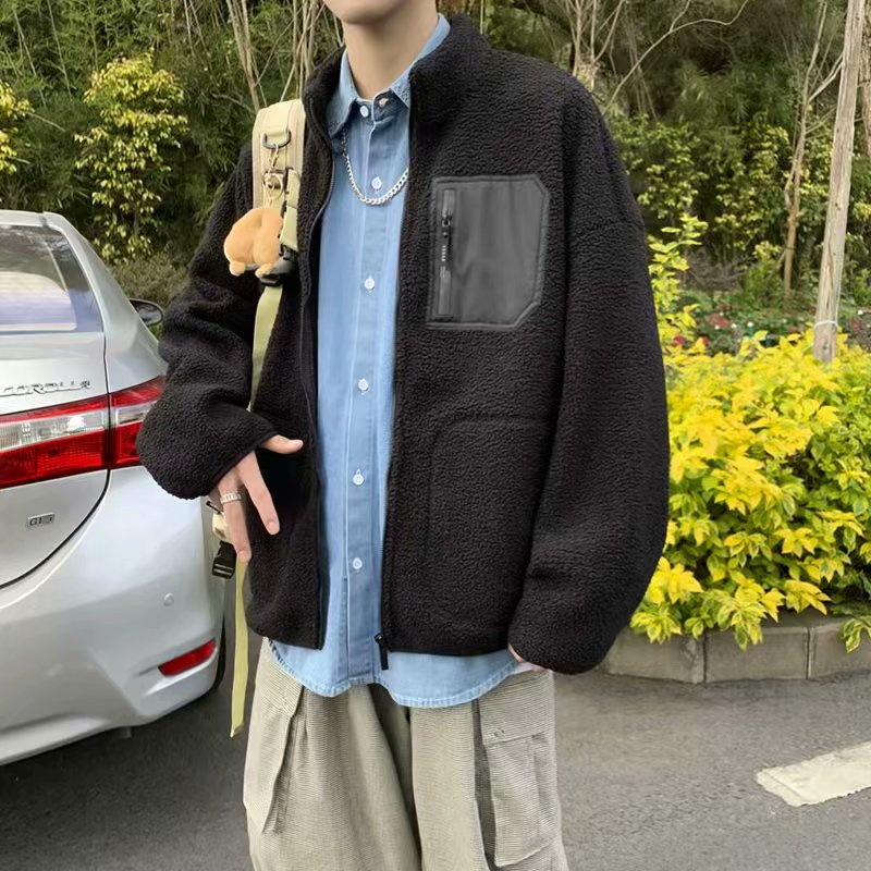 实拍男开衫外套流行原宿慵懒新款潮流休闲气质羊羔绒卫衣立领青年