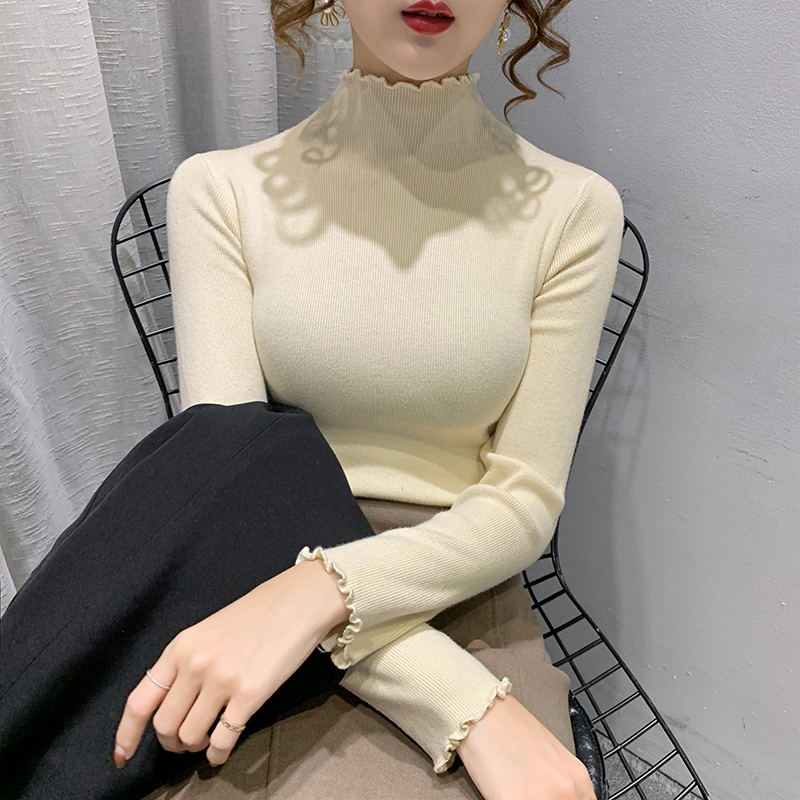 实拍#半高领打底衫女秋冬内搭2020新款木耳边修身上衣套头毛衣潮