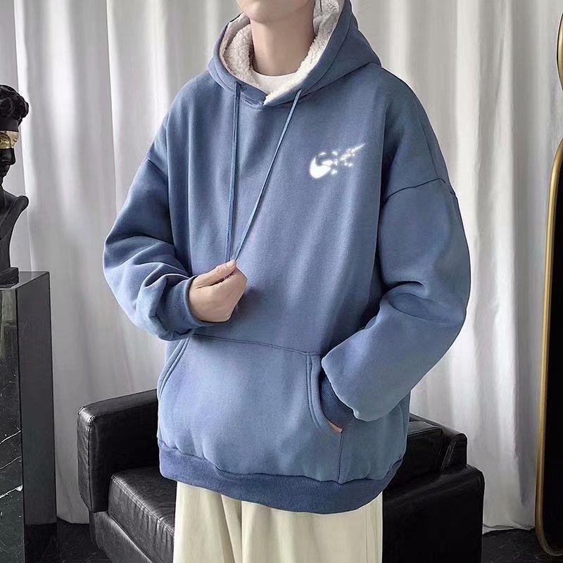 实拍流行韩版百搭青年新款原宿男套头慵懒羊羔绒潮流连帽卫衣日系