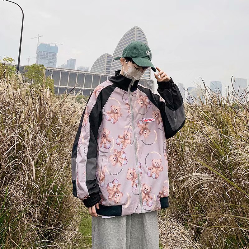 实拍小熊加绒外套学生秋冬季韩版潮流ins原宿港风百搭男生夹克