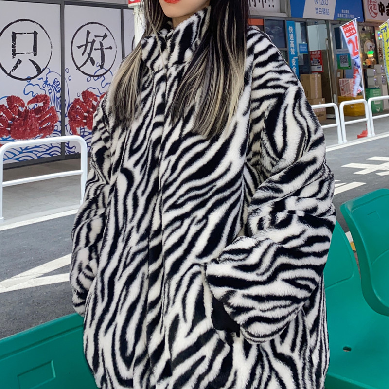 控90韩国冬季棉衣外套加厚夹棉ins潮流斑马纹棉服宽松半高领保暖