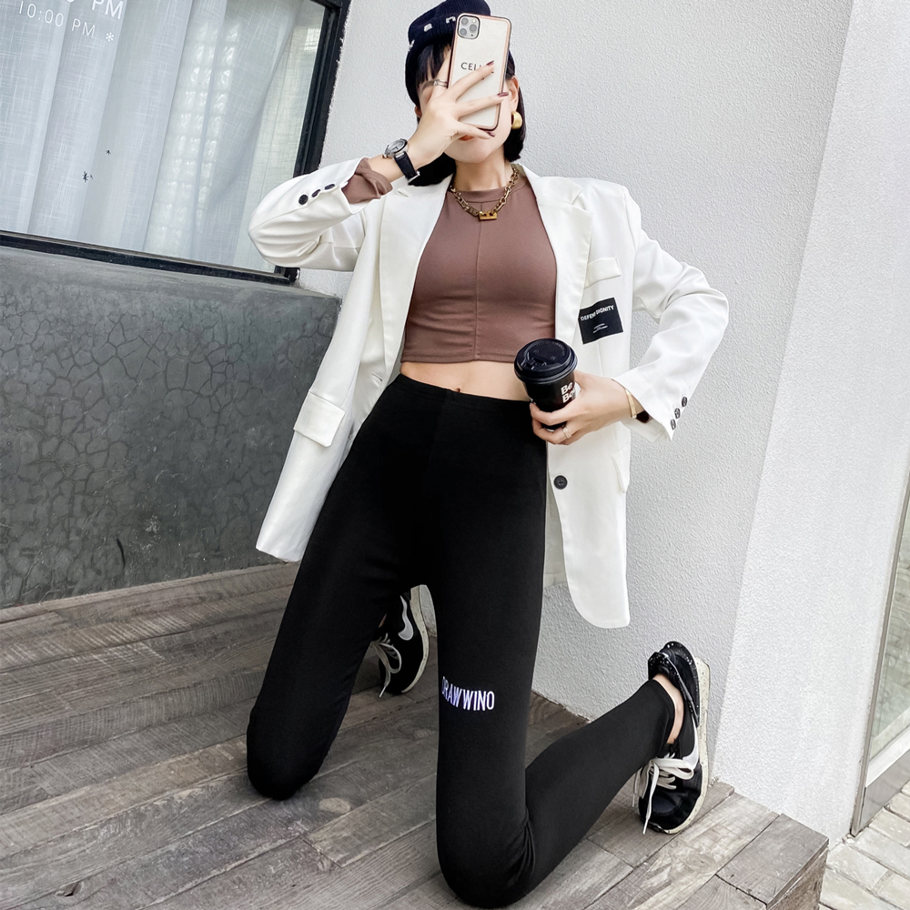 2021春季新款大腿绣花高弹修身显瘦运动九分休闲裤子女高腰打底裤