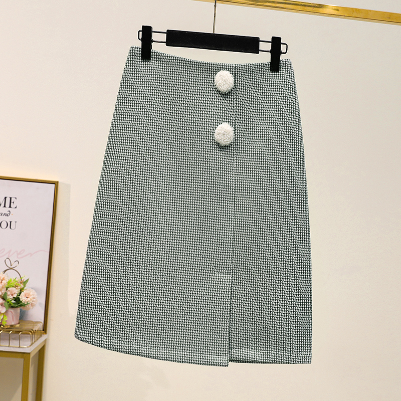 实拍大码女装2021胖mm新款韩版高腰A字显瘦毛呢格子开叉半身裙