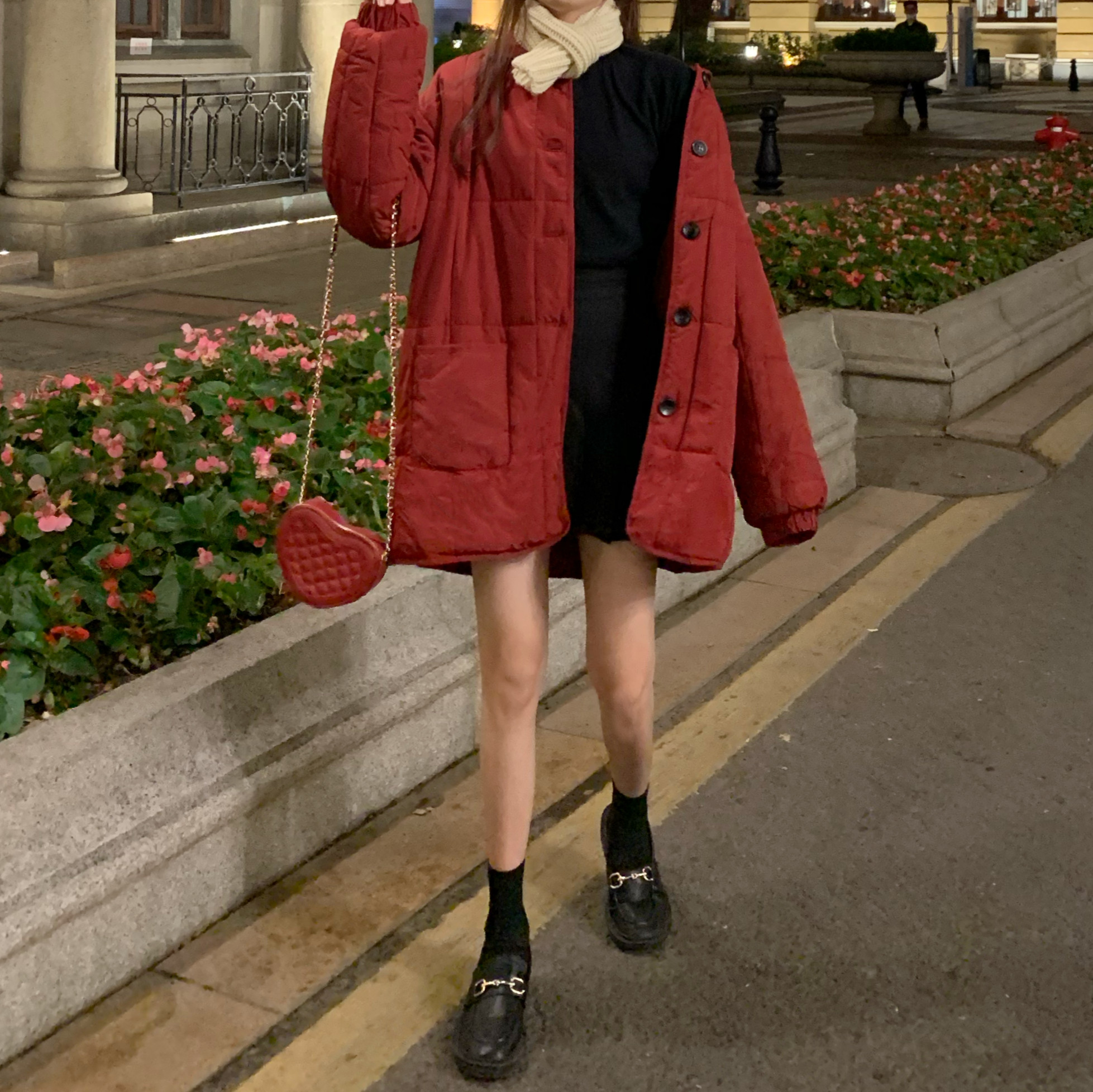 实拍实价 韩版ins冬季翻领炸街棉服棉袄红色面包服棉衣外套女加厚
