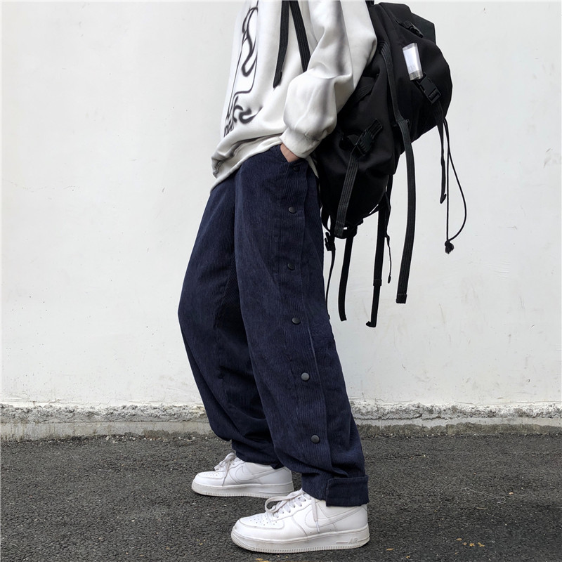 灯芯绒接纽扣排扣裤子宽松直筒高街复古ins潮阔腿么术贴束脚长裤