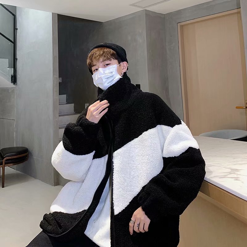 实拍气质原宿新款港风修身立领简约撞色男青年潮流流行羊羔绒棉衣