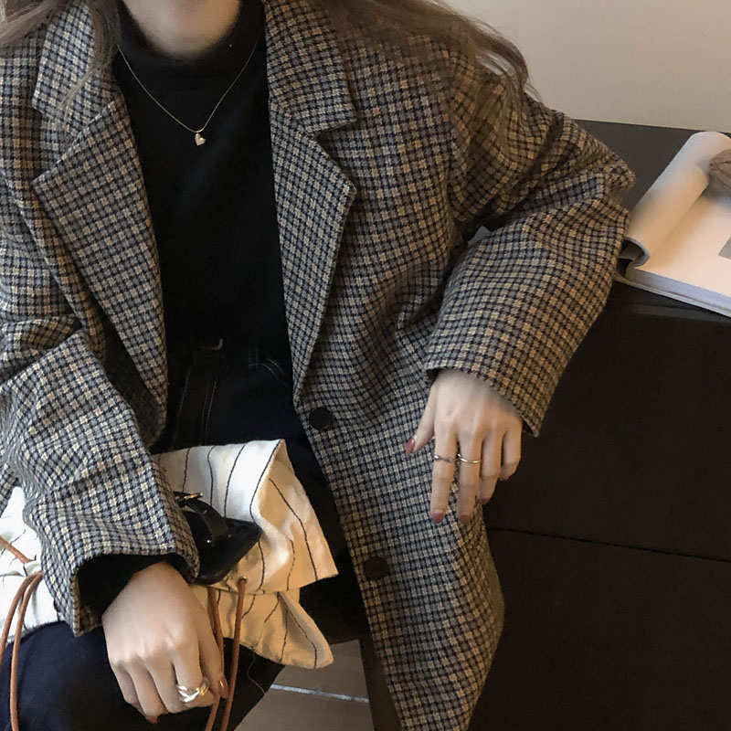 实价实拍三标齐自制款韩版毛呢复古格子西装外套