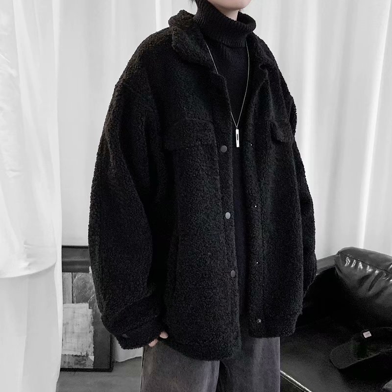 实拍男气质文艺慵懒韩版流行青年羊羔绒夹克日系ins翻领新款潮流