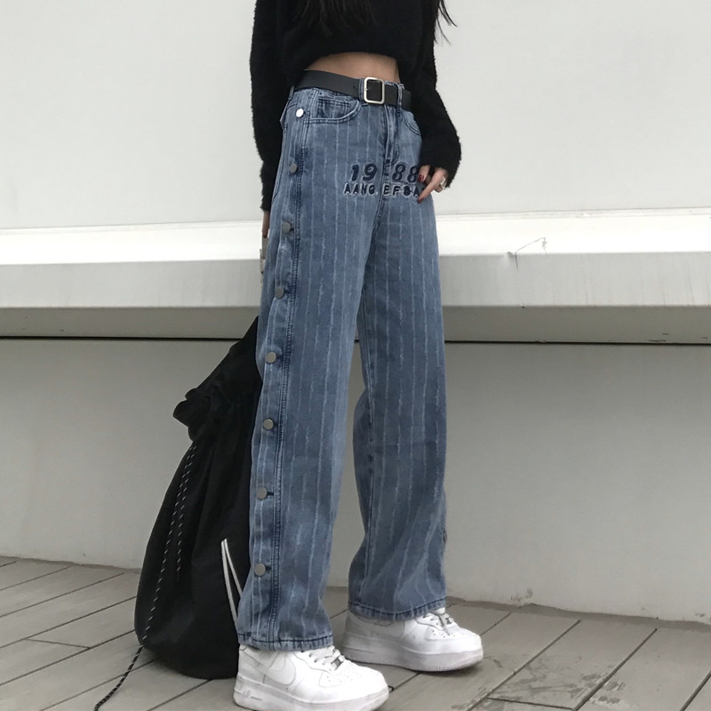 控54韩国潮流牛仔裤水波条纹ins暗黑刺绣重工双排扣宽松直筒裤