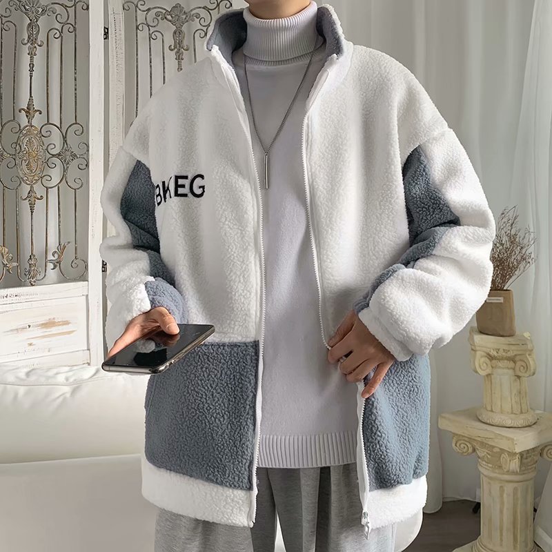 实拍时尚立领青年原宿开衫流行新款羊羔绒卫衣潮流慵懒男文艺休闲