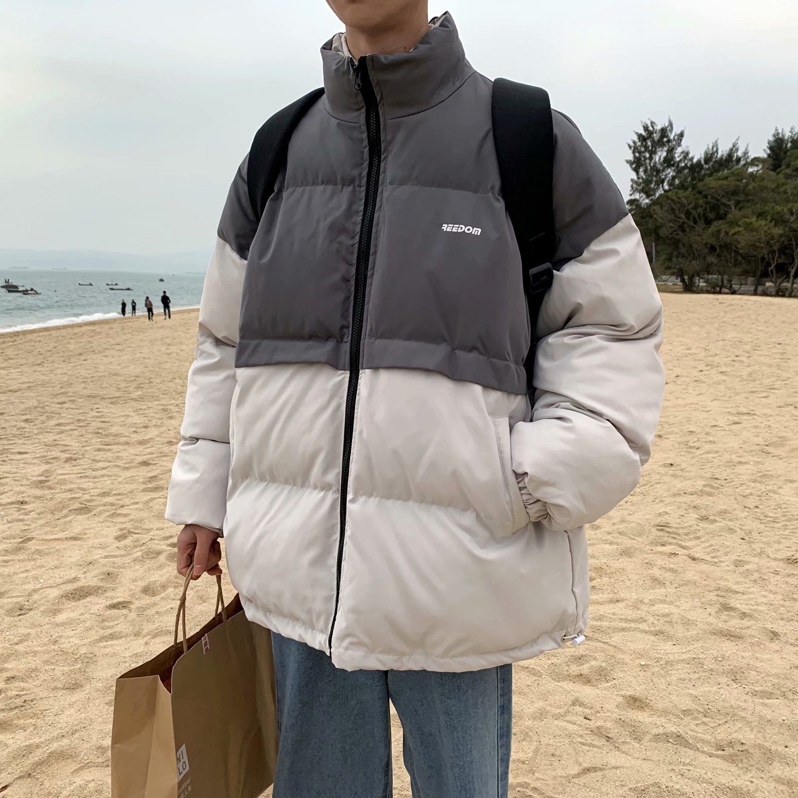 实拍网红外套棉服男学生宽松韩版潮流撞色棉衣情侣外套冬季面包服