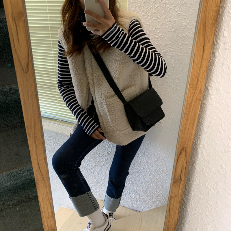 实价实拍三标齐韩版宽松简约纯色拉链羊羔毛马甲外套女上衣