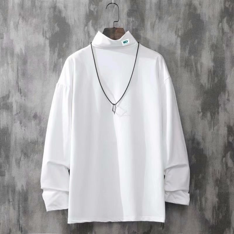 实拍长袖日系港风青年原宿潮流修身高领加绒长袖T恤ins高领印花男