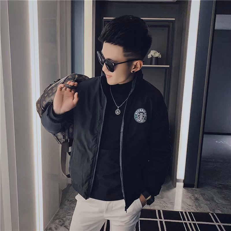 实拍慵懒新款立领棉衣港风青年潮流气质男潮牌印花流行帅气修身