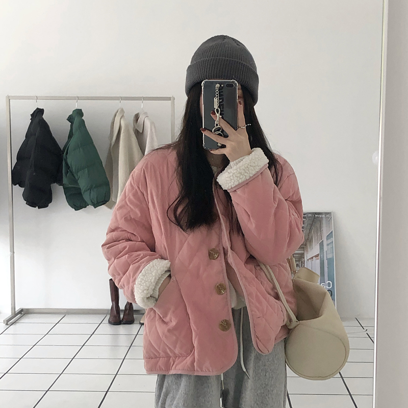 实价实拍三标齐新年款菱形格加厚保暖皮粉棉服