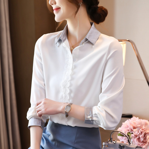 RM20521#新品百搭韩版蕾丝花边珍珠扣翻领长袖白色衬衫女上衣