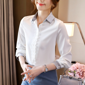RM20521#新品百搭韩版蕾丝花边珍珠扣翻领长袖白色衬衫女上衣