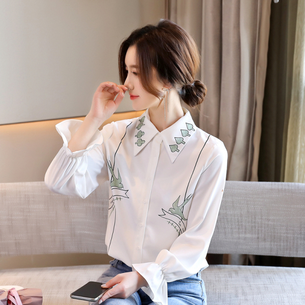 RM20522#新品清新雪纺衬衫女喇叭长袖新款韩版宽松甜美上衣