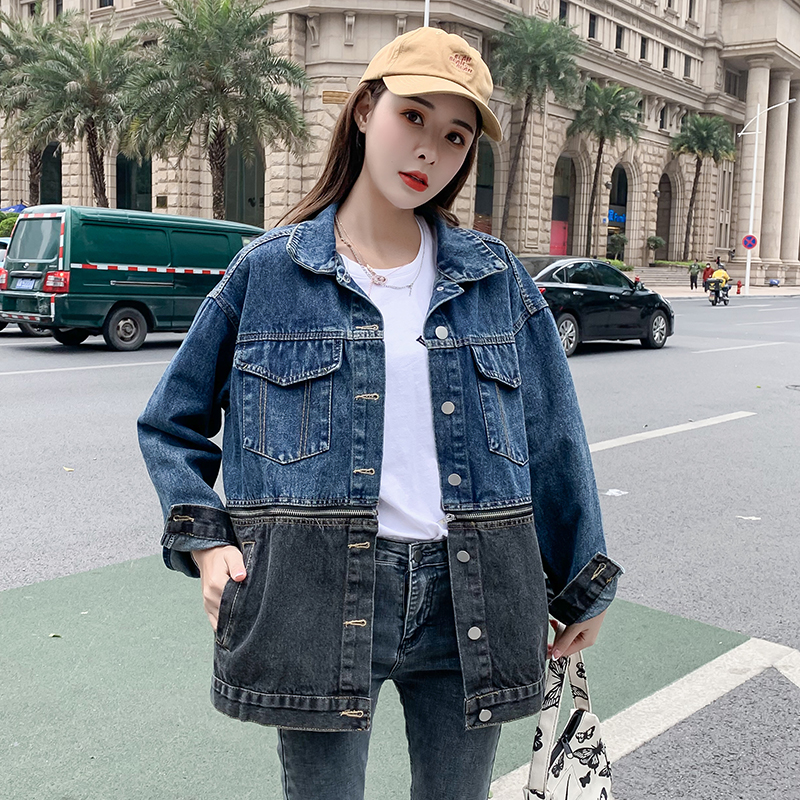 实拍炸街牛仔外套女短款2021春秋新款设计感小众拼接宽松上衣