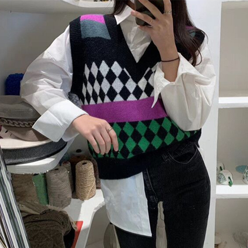 现货！女士2021春季新款V领菱格针织毛衣背心撞色短款百搭上衣