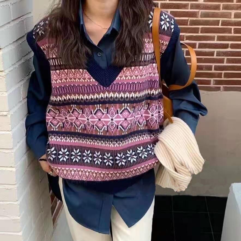 现货！女士2021春季新款V领套头针织毛衣背心复古宽松时尚上衣