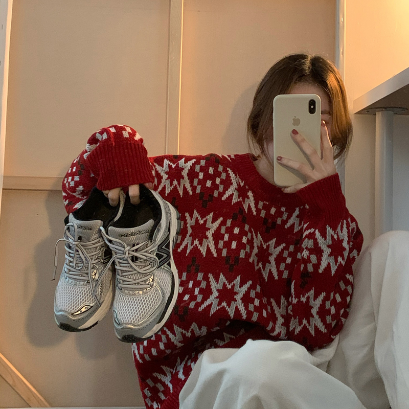 价实拍三标齐新年款韩版宽松雪花毛衣女提花保暖外穿上衣