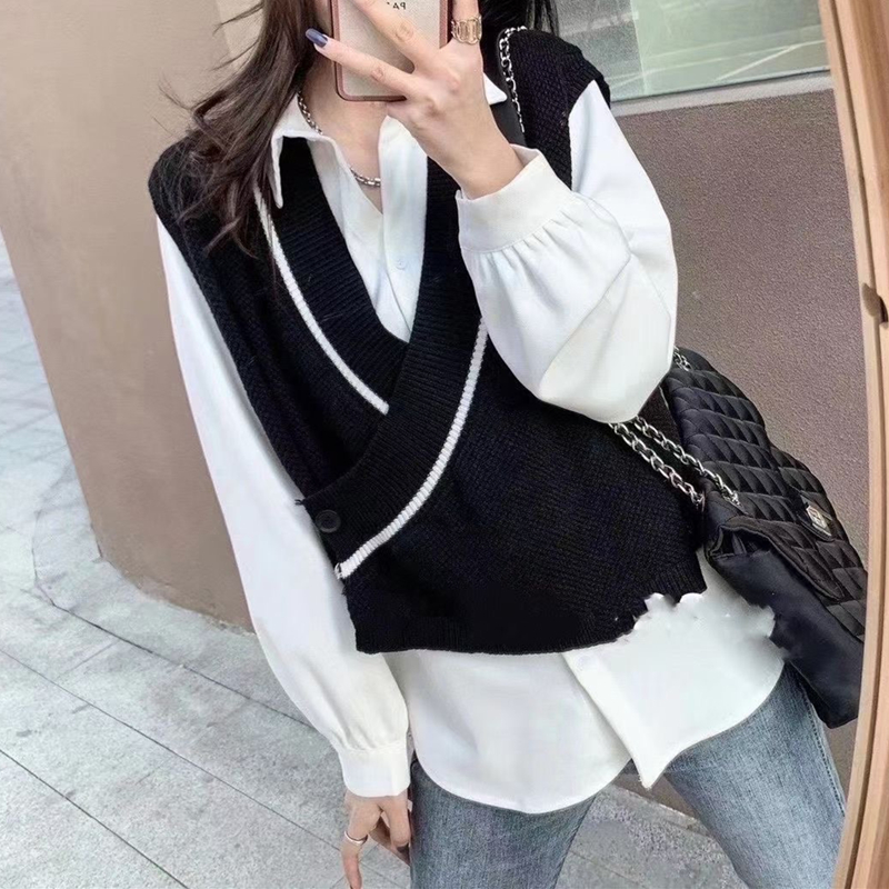 现货！2021春季新款女士V领无袖针织背心毛衣韩版宽松百搭短上衣