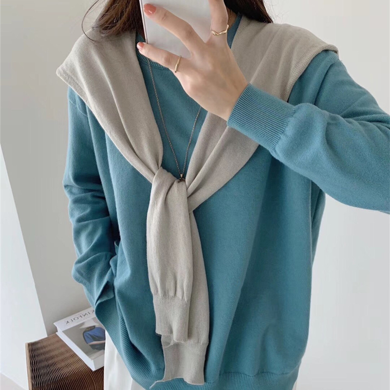 现货！2021春季新款宽松针织毛衣加披肩两件套装韩版开叉上衣女