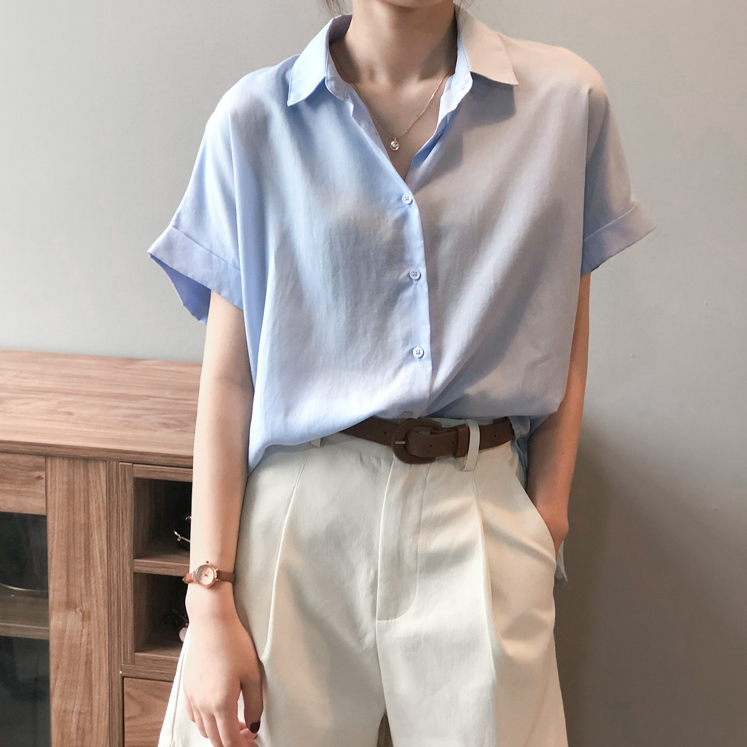 实拍~ 天丝亚麻短袖衬衫女2021夏季新款韩版纯色上衣翻领衬衣女