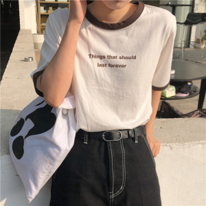YF65109# 新款夏装韩版显瘦学院风撞色印花字母短袖T恤棉