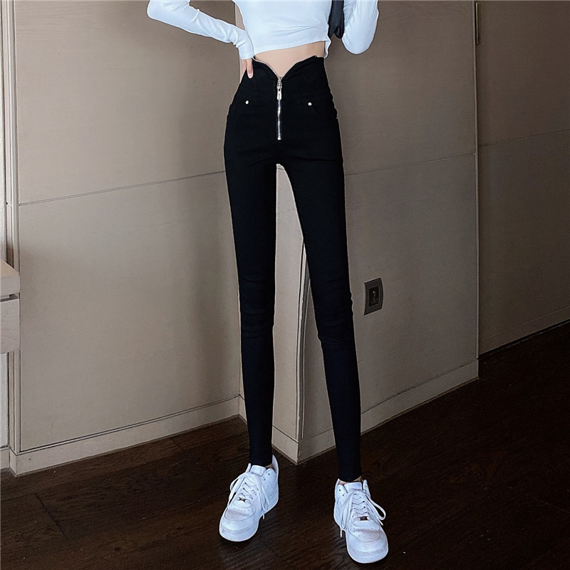 视频实拍春新款潮铅笔裤女韩版休闲小黑裤高腰弹力修身小脚裤
