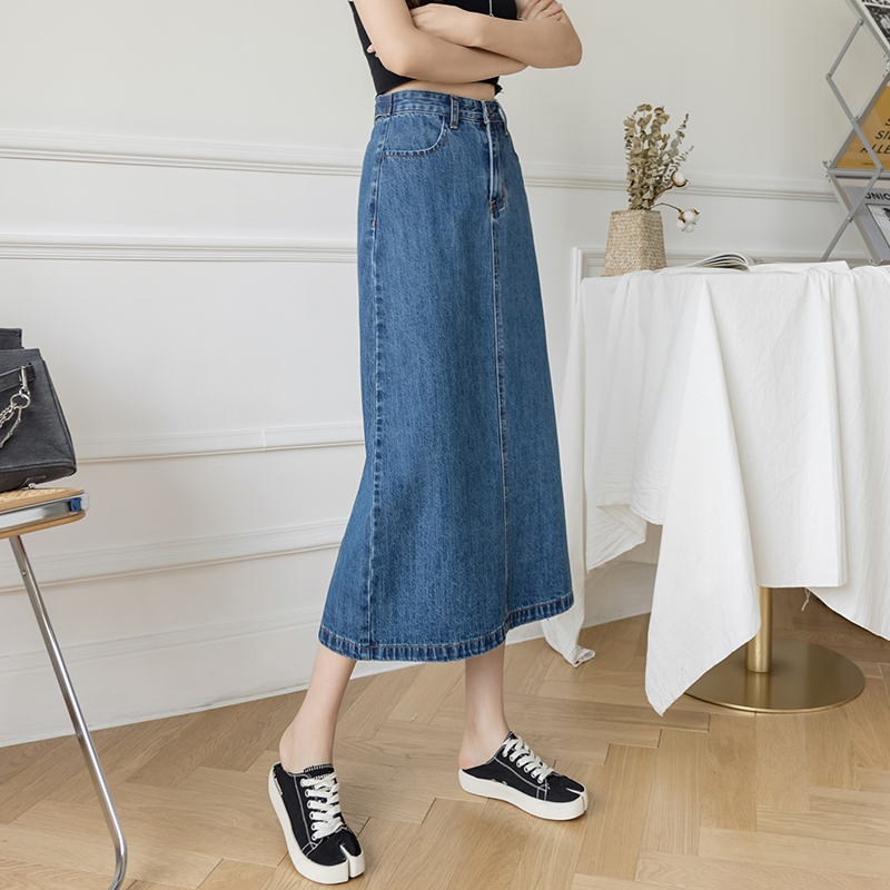 实拍现货 2021春夏牛仔半身裙女中长款宽松显瘦开叉高腰A字裙潮