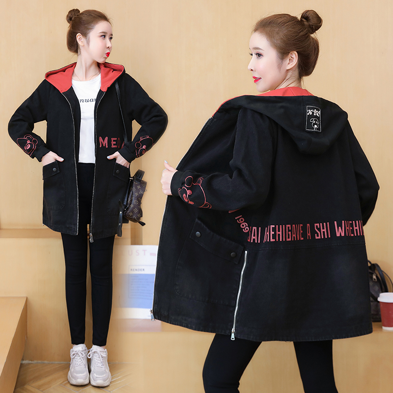2021年春季牛仔风衣女装韩版印花连帽中长款上衣外套胖MM休闲百搭