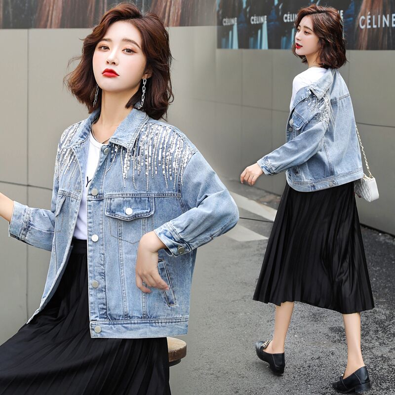 实拍#亮片牛仔外套女短款2021春款浅色夹克宽松洋气chic百搭上衣