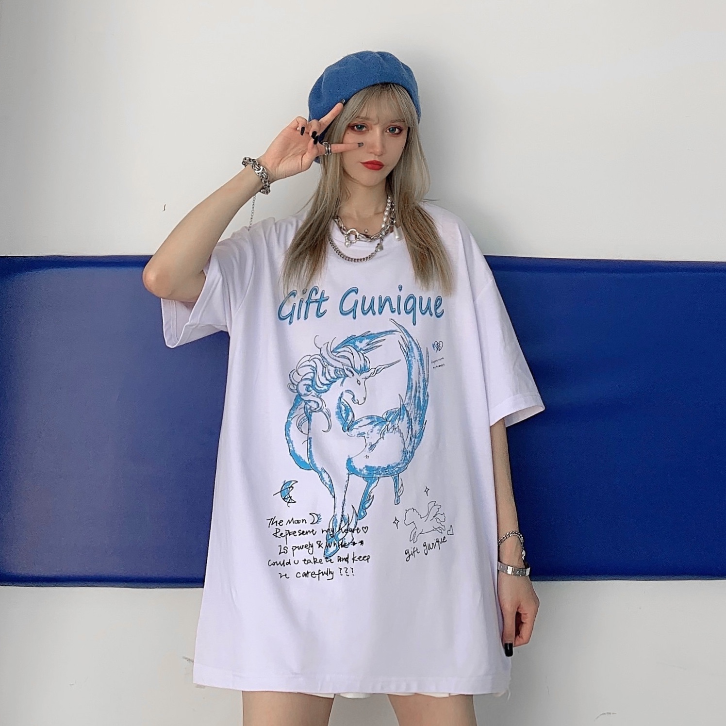 *原创实拍控价+5￥* 6535拉架棉 短袖T恤女宽松印花中长款