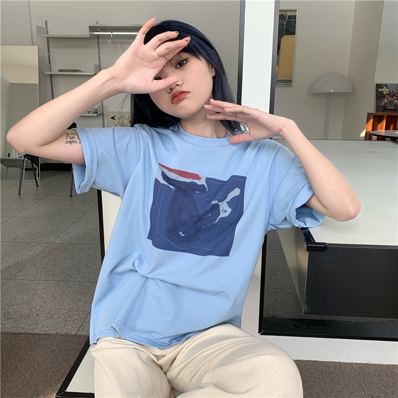 实拍实价 复古基础宽松印花上衣圆领短袖t恤