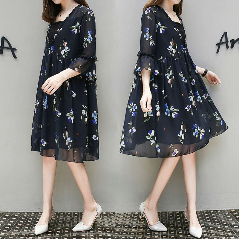 8322实拍大码女装夏装连衣裙碎花裙雪纺假两件胖裙子MM200胖妹妹