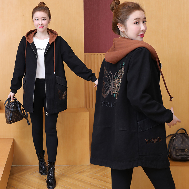 2021早春韩版bf宽松网红刺绣连帽中长款牛仔外套女潮百搭夹克上衣
