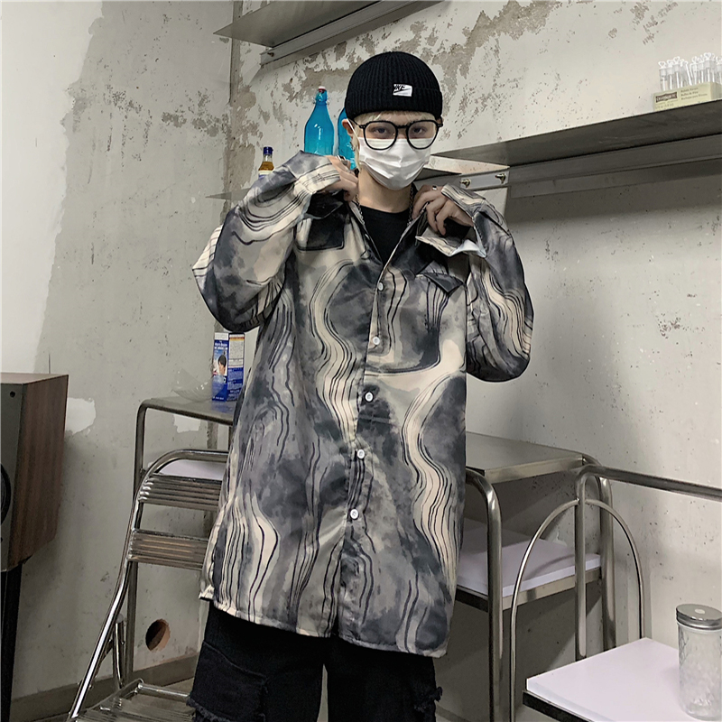 控价37 2021春款ins复古扎染潮流长袖衬衫中性风男女宽松港风衬衣