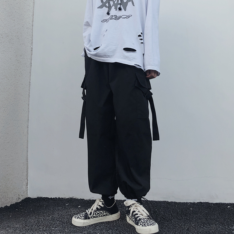控44韩国男女休闲裤ins复古潮流束脚裤运动工装裤系带宽松