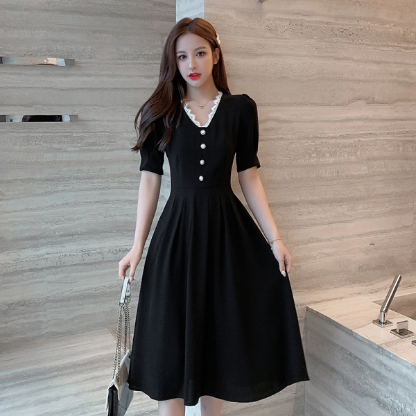 MY16#黑色连衣裙夏季新款短袖v领中长款复古裙收腰显瘦气质长裙