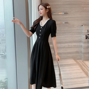 MY16#黑色连衣裙夏季新款短袖v领中长款复古裙收腰显瘦气质长裙
