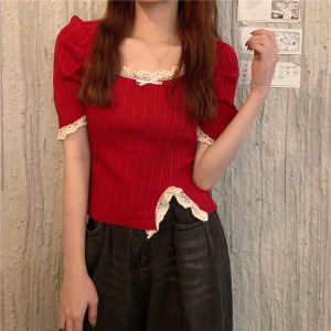 RM5115#港风气质短款高腰木耳边方领短袖针织衫上衣女设计感小众修身潮