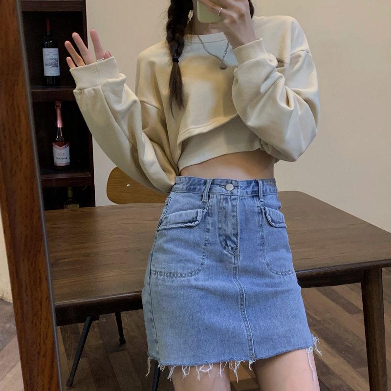 实拍实价 辣妹风韩系高腰复古牛仔半身裙女