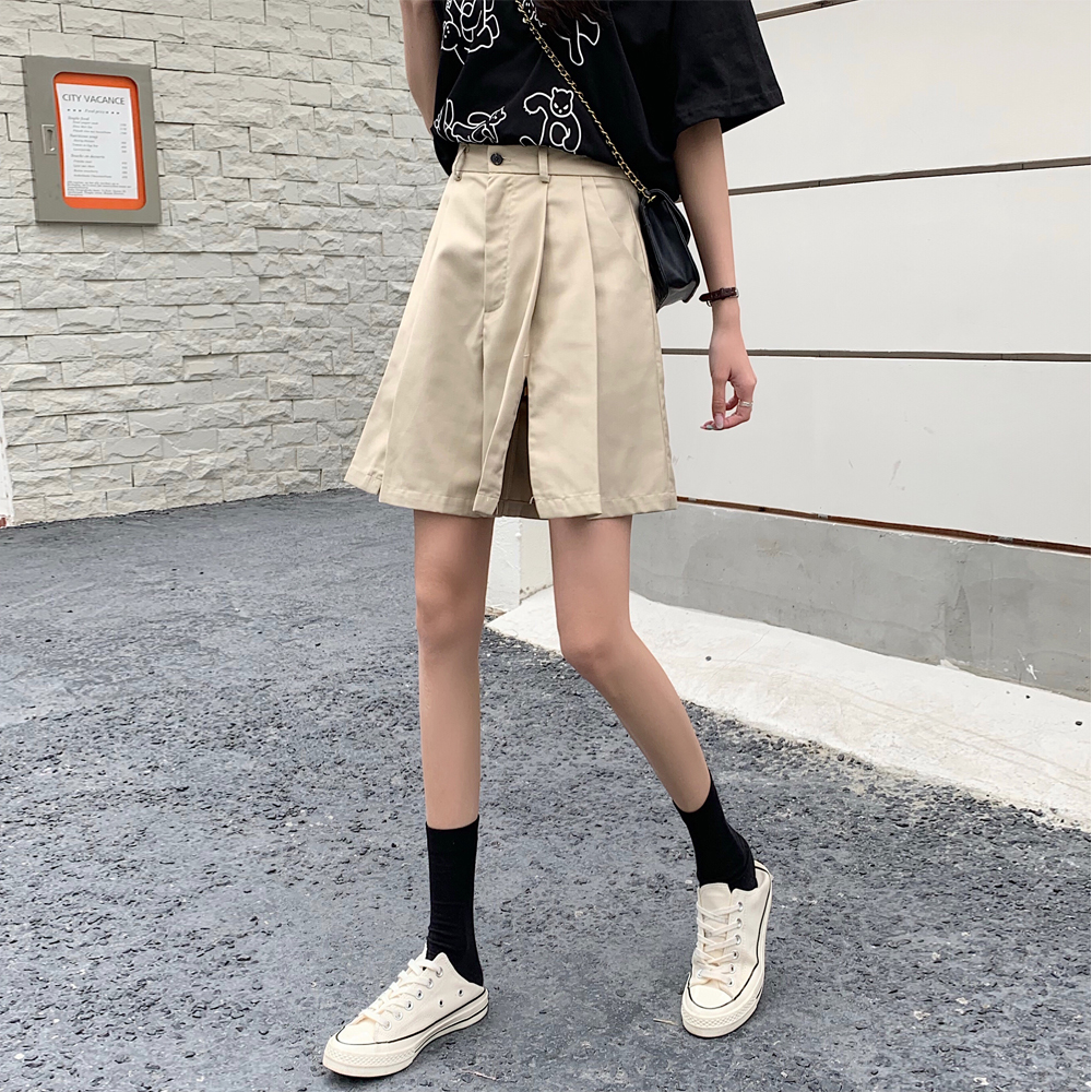 实拍现货 阿一 开叉短裤女夏宽松百搭新款休闲高腰a字阔腿五分裤