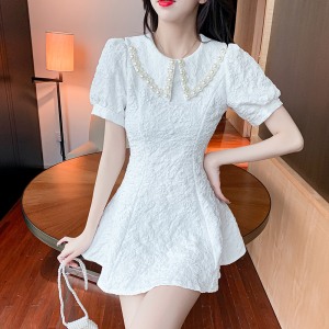 RM16690#新款法式气质珍珠娃娃领收腰显瘦小众泡泡袖连衣裙