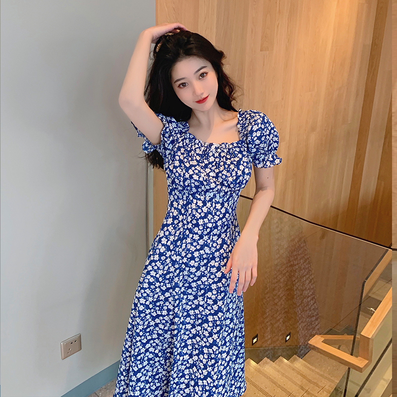 实拍~大码女装法式复古小众长裙胖MM泡泡袖裙蓝色碎花连衣裙女