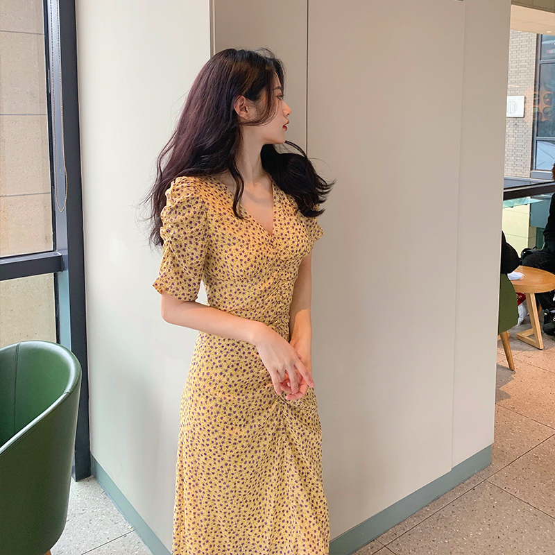 实拍~大码女装黄色裙胖MM遮肚藏肉显瘦雪纺中长款显瘦气质碎花裙