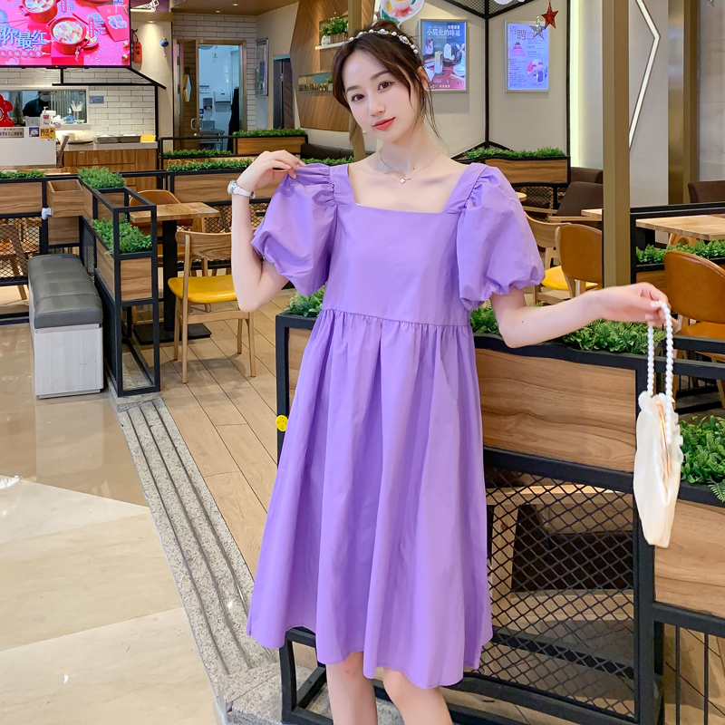 实拍现货2021新款夏季孕妇百搭减龄显瘦泡泡袖方领戴帽仙女大码连衣裙